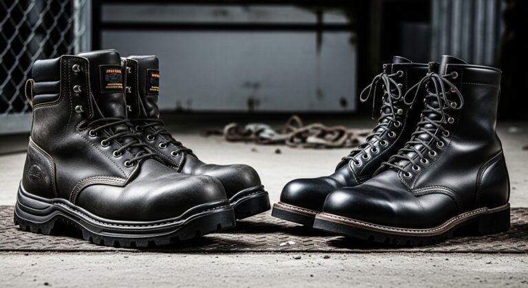 Two pairs of black work boots displayed together.