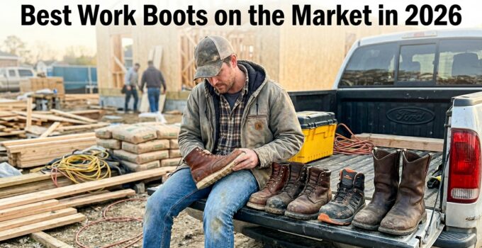 Man wearing work boots at a construction site, sitting on a truck with various sturdy work boots displayed, highlighting durable footwear options for construction workers.