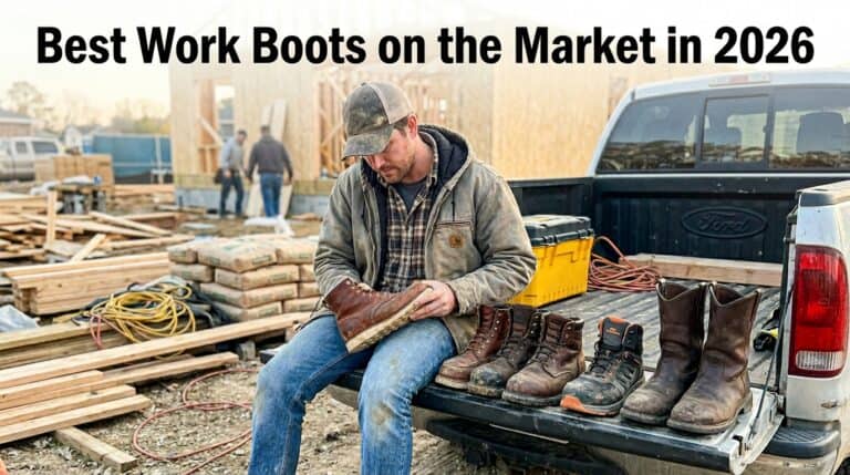 Man wearing work boots at a construction site, sitting on a truck with various sturdy work boots displayed, highlighting durable footwear options for construction workers.