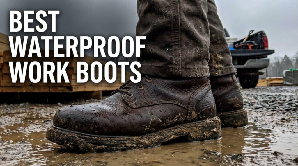 Waterproof work boots shown in muddy terrain, designed for durability and protection in tough work environments. Perfect for construction, outdoor labor, and wet conditions.