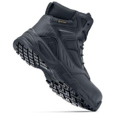 Black hiking boot with rugged sole design.