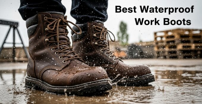 Waterproof work boots splashing in puddle.