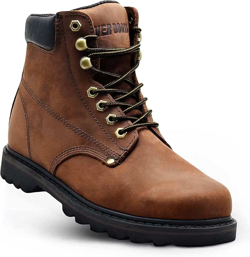 Brown leather work boot with black padded collar.