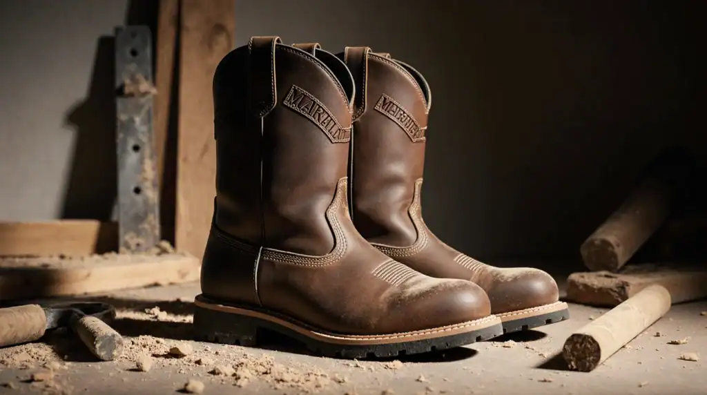 Sturdy brown work boots on dusty wood floor.