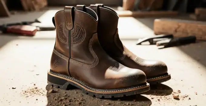 Brown leather work boots on a dusty floor.