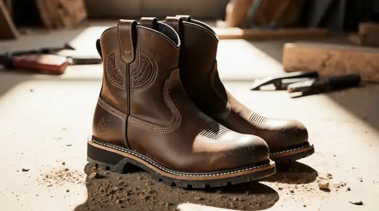Brown leather work boots on a dusty floor.