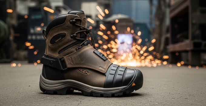 Safety work boot with sparks in background