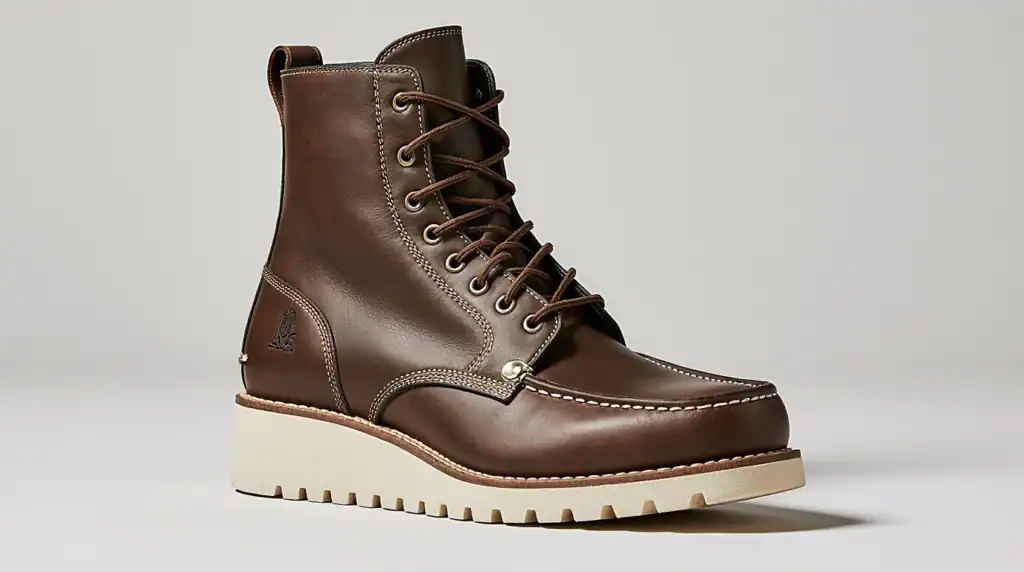 Brown leather lace-up boot with thick sole.