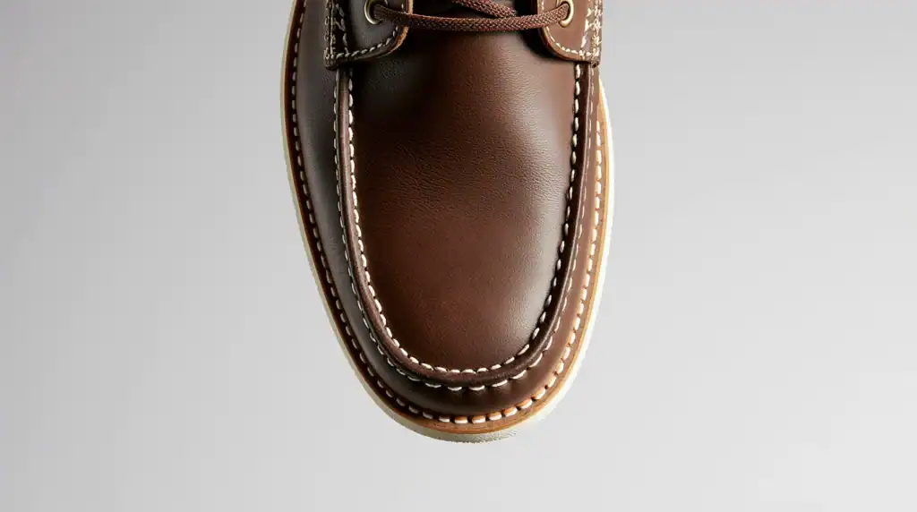 Close-up detailing the moc toe stitching on the Thorogood boot.