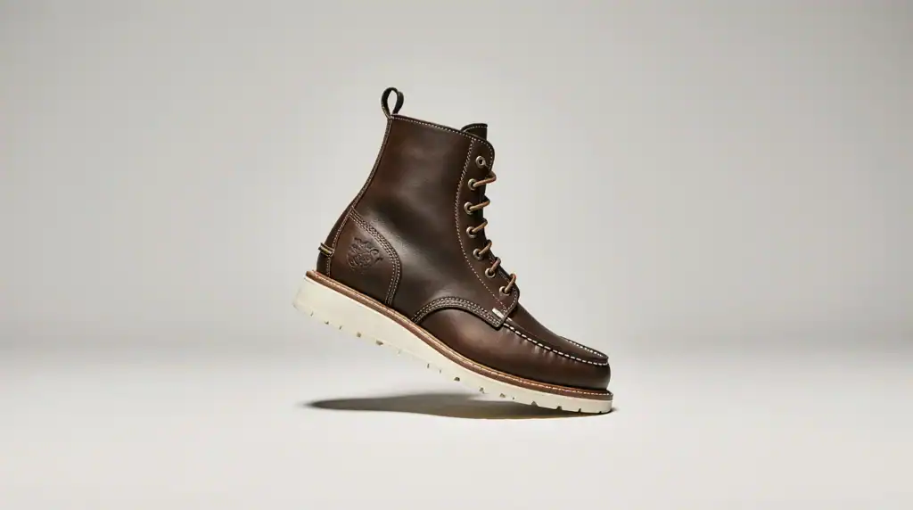 Brown leather boot with white sole, classic design.