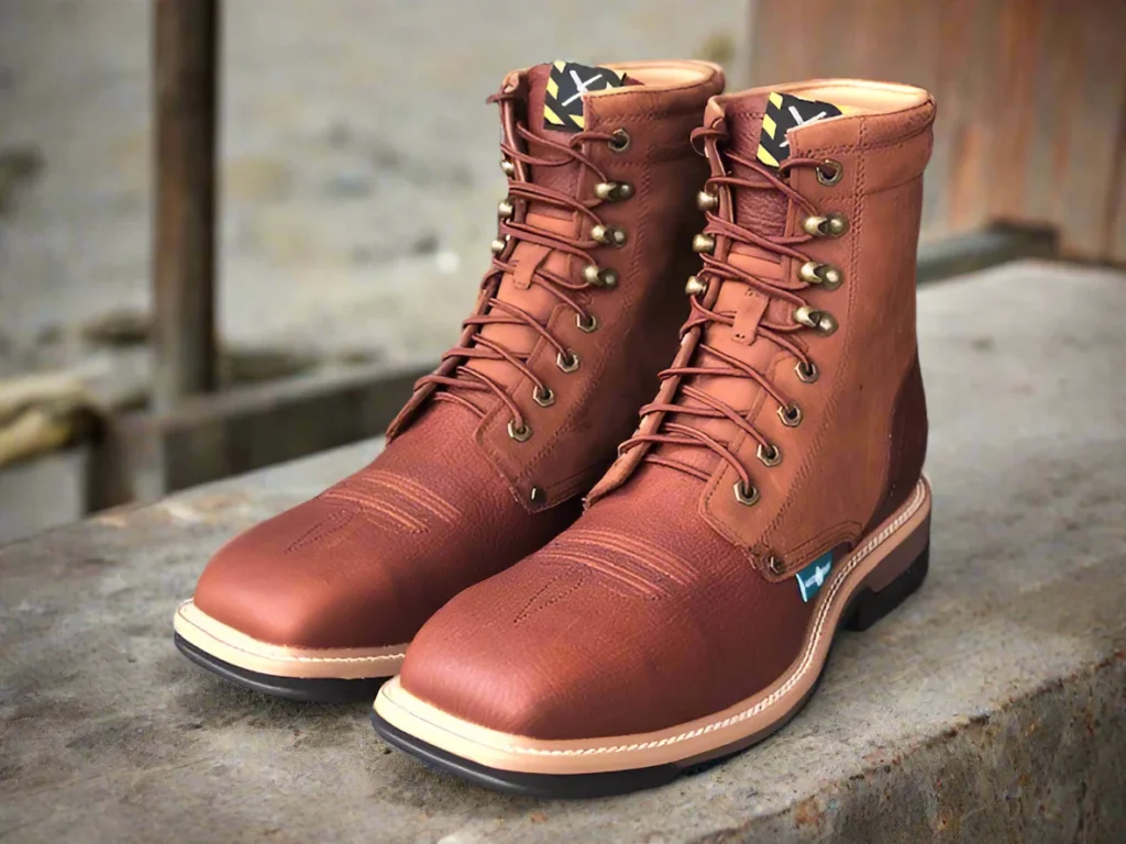Stylish brown leather boots with laces.