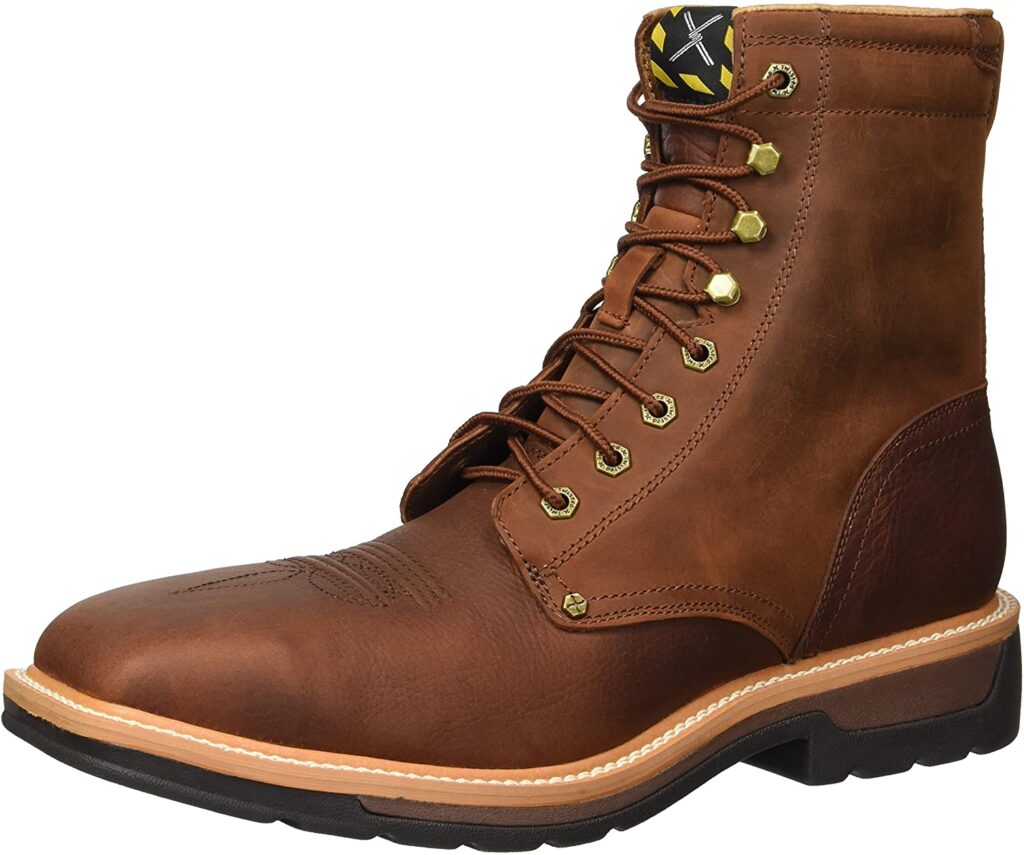 Brown leather work boot with laces.