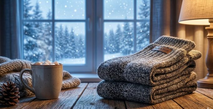 Cozy scene with hot cocoa and warm blankets.