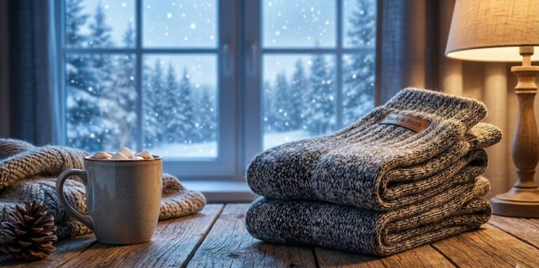 Cozy scene with hot cocoa and warm blankets.