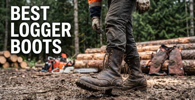 Durable logger boots designed for outdoor forestry and logging work, featuring rugged construction, waterproof leather, and slip-resistant soles for safety and comfort.
