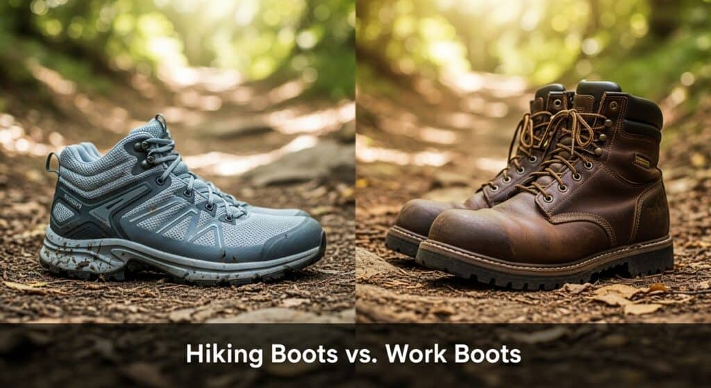 Hiking boots vs. work boots on forest trail.