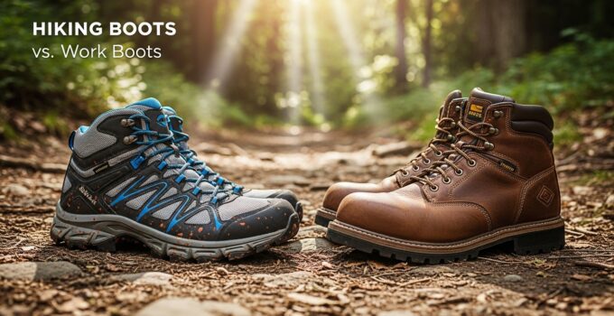 Hiking boots versus work boots on forest path.