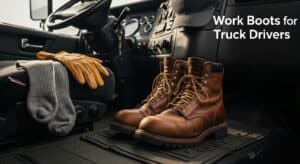 Brown work boots inside a truck cabin.