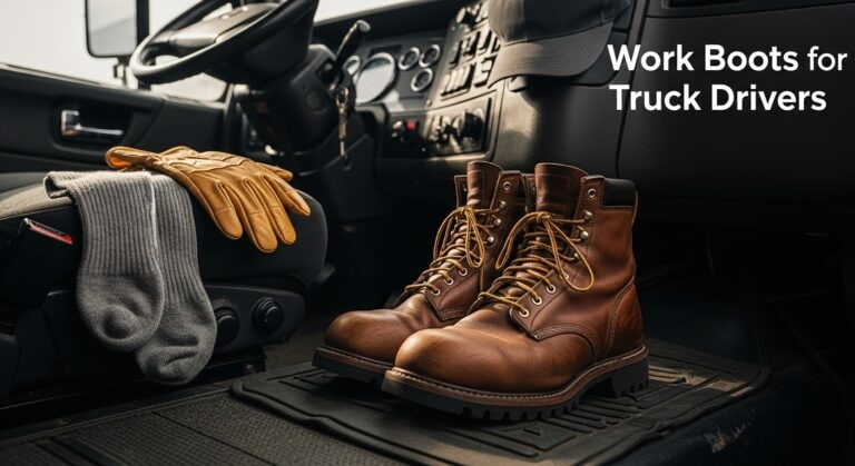 Brown work boots inside a truck cabin.