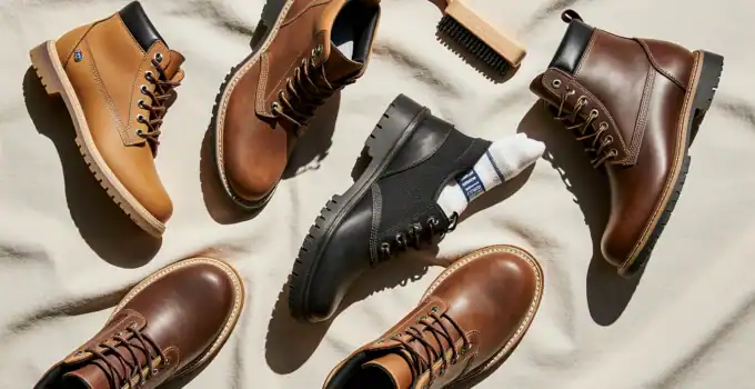 Durable men's work boots with rugged leather construction, slip-resistant soles, and comfortable support for outdoor work and industrial environments. Perfect for safety and style.