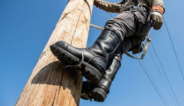 Worker climbing a utility pole in sturdy boots.