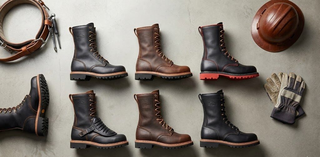Collection of durable work boots on a surface.