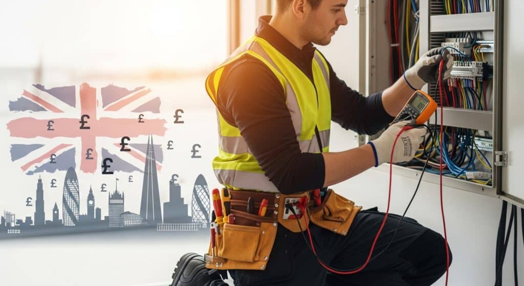 Electrician working, British economic symbols, city skyline background.