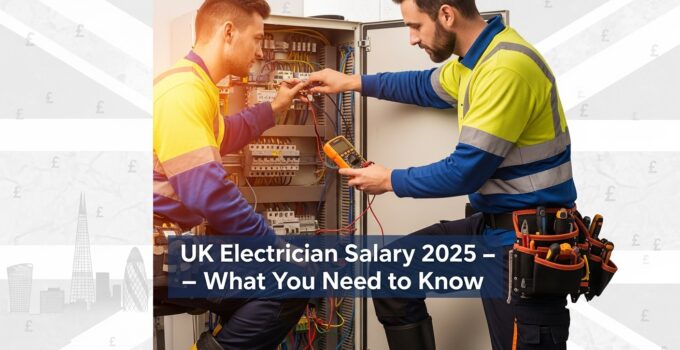 UK electricians working on circuit board, salary insights 2025.