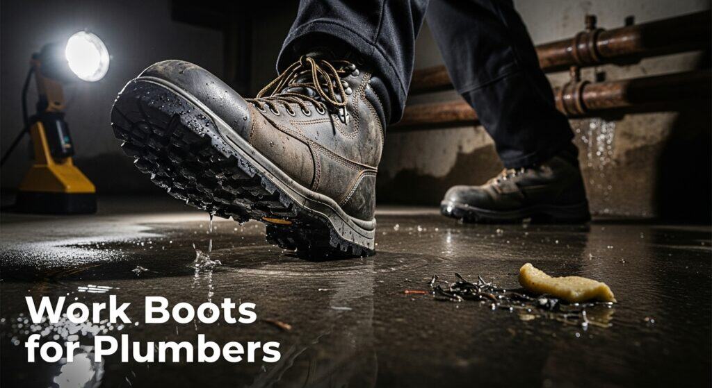 Durable waterproof work boots for plumbers in wet conditions.