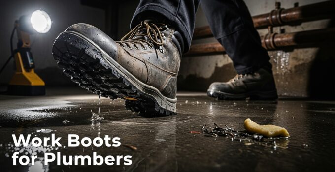 Durable waterproof work boots for plumbers in wet conditions.