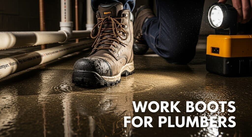 Durable waterproof work boots for plumbers on wet floors.
