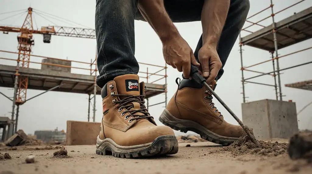 A pair of durable construction work boots on a job site.