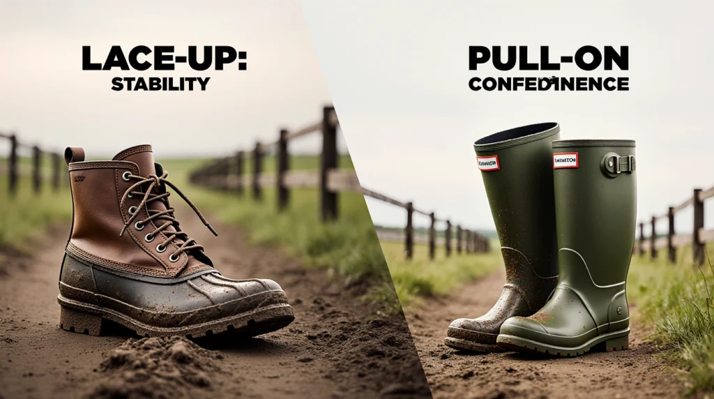 Lace-up and pull-on boots on a dirt path.