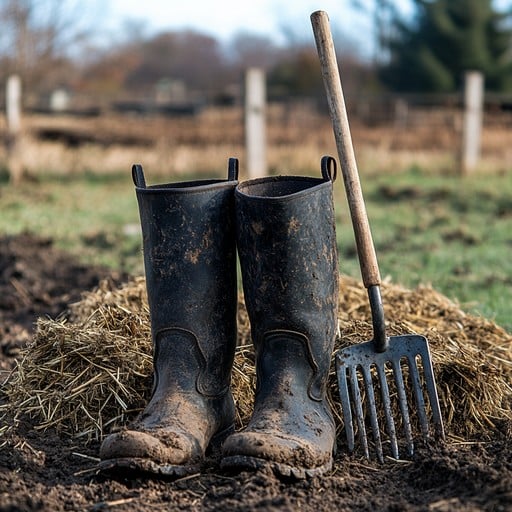 Dirty rubber boots next to a garden fork.
