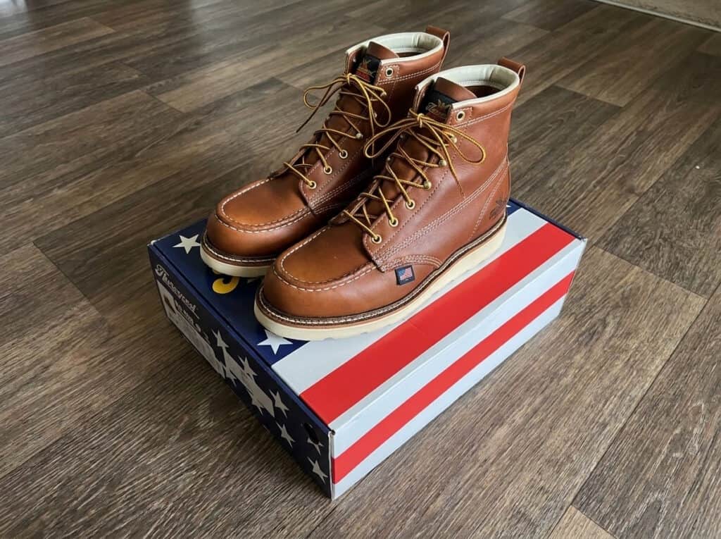 Thorogood American Heritage 6 inch moc toe boots in Tobacco leather on their American flag box