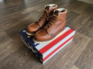 Thorogood American Heritage 6 inch moc toe boots in Tobacco leather on their American flag box