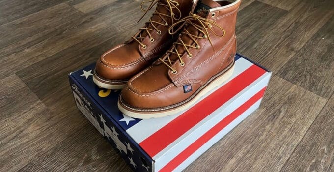 Thorogood American Heritage 6 inch moc toe boots in Tobacco leather on their American flag box