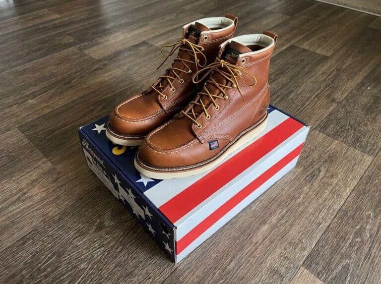 Thorogood American Heritage 6 inch moc toe boots in Tobacco leather on their American flag box