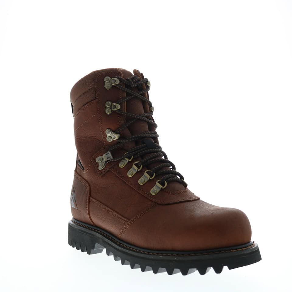 Brown leather hiking boot with sturdy laces.