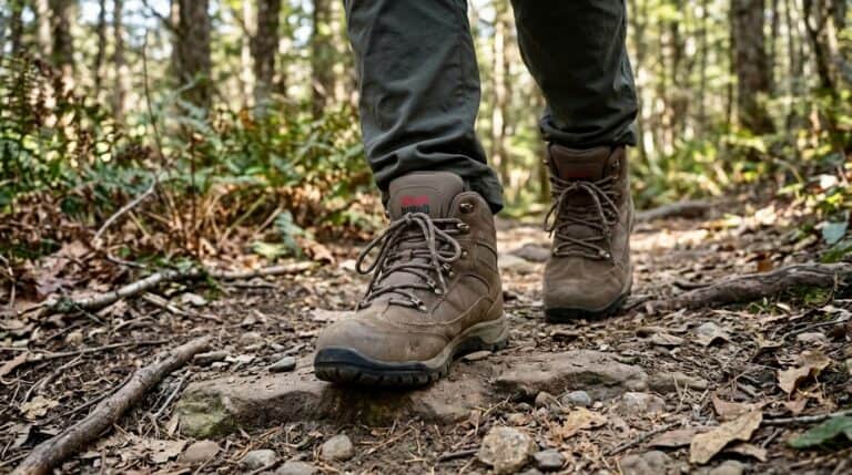 Close-up of men's waterproof hiking boots on a forest trail, showing durable leather and rugged soles for outdoor adventures.