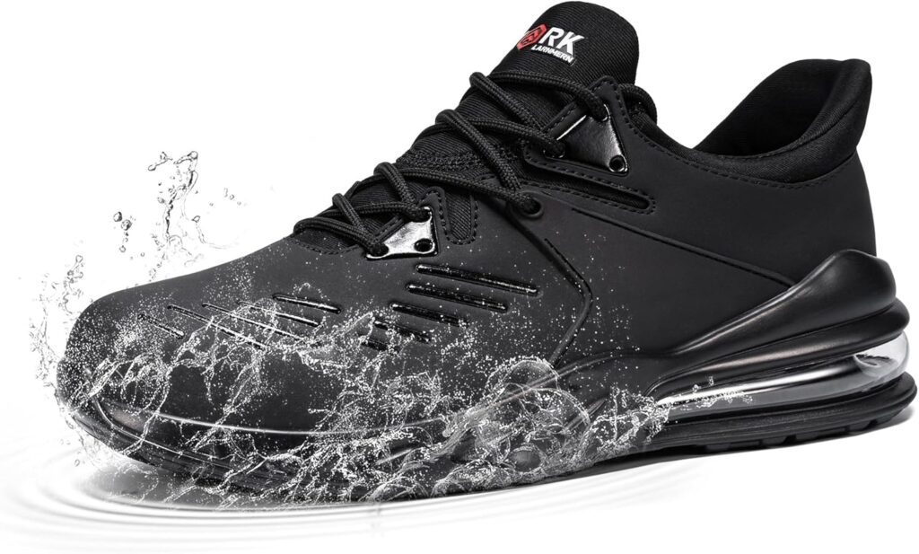 Black waterproof shoes with splashing water effect.