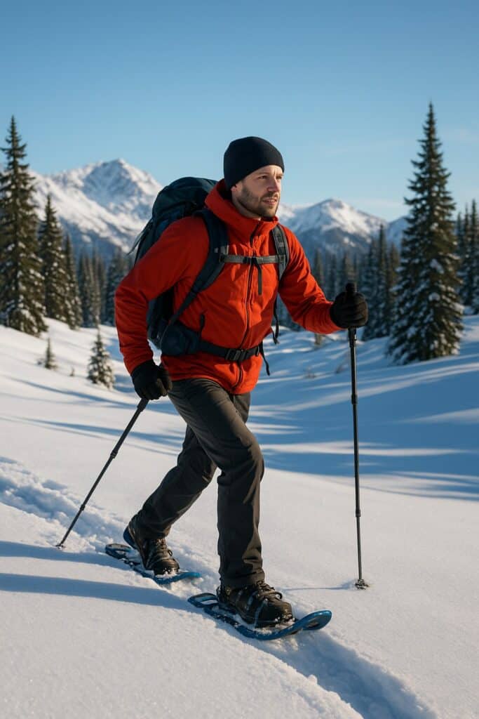 Man snowshoeing up a snowy mountain slope.