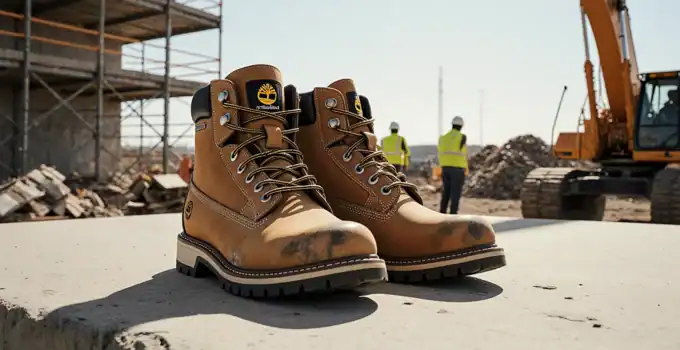 Brown work boots on a construction site floor.