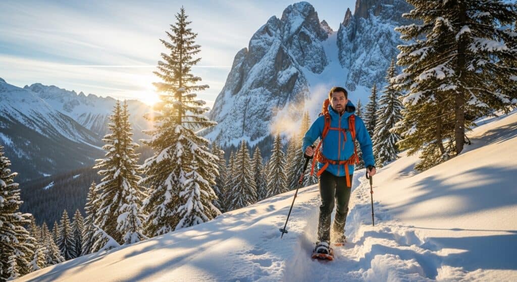 Man snowshoeing in scenic snowy mountain landscape, representing testing.