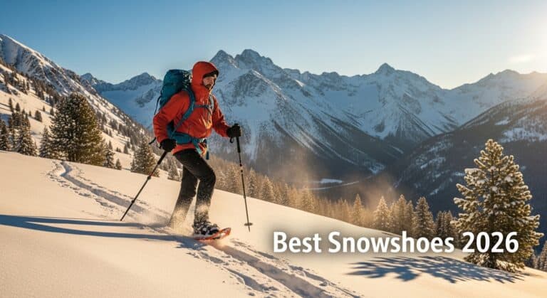 Snowshoer exploring snowy mountain trail, winter gear review.