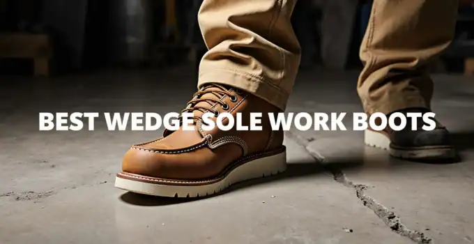 Brown wedge sole work boots on concrete floor.
