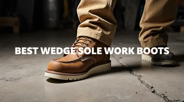 Brown wedge sole work boots on concrete floor.