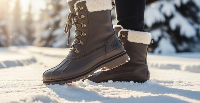Winter boots in snow, sunny winter landscape.
