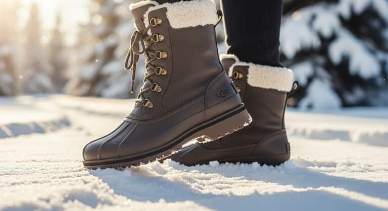 Winter boots in snow, sunny winter landscape.