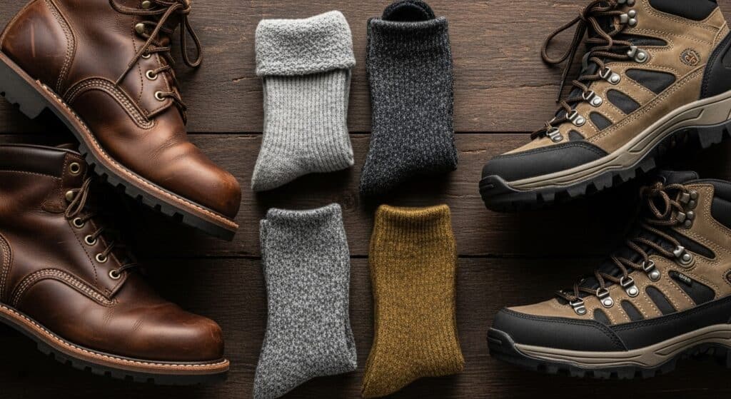 Several pairs of high-quality merino wool hiking and work socks next to leather boots.
